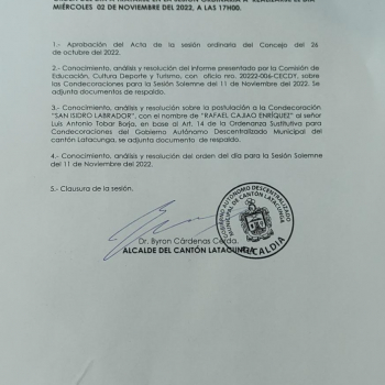 Orden del día a tratarse en la sesión ordinaria a realizarse el día miércoles 02 de noviembre del 2022, a las 17H00